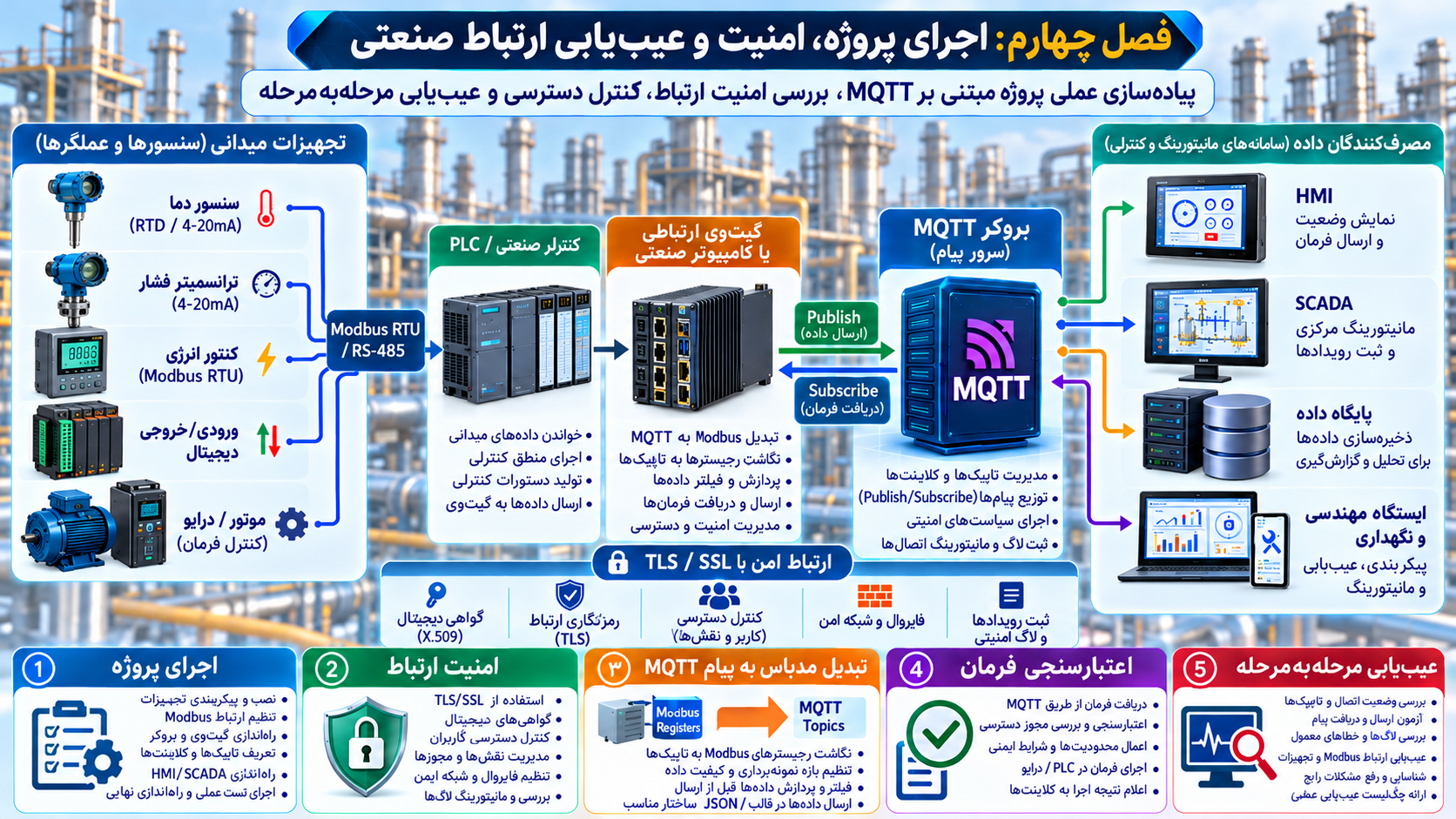 فصل چهارم (بخش اول) : شناخت پروتکل MQTT و کاربرد آن در اتوماسیون صنعتی / اجرای پروژه، امنیت و عیب‌یابی ارتباط صنعتی
